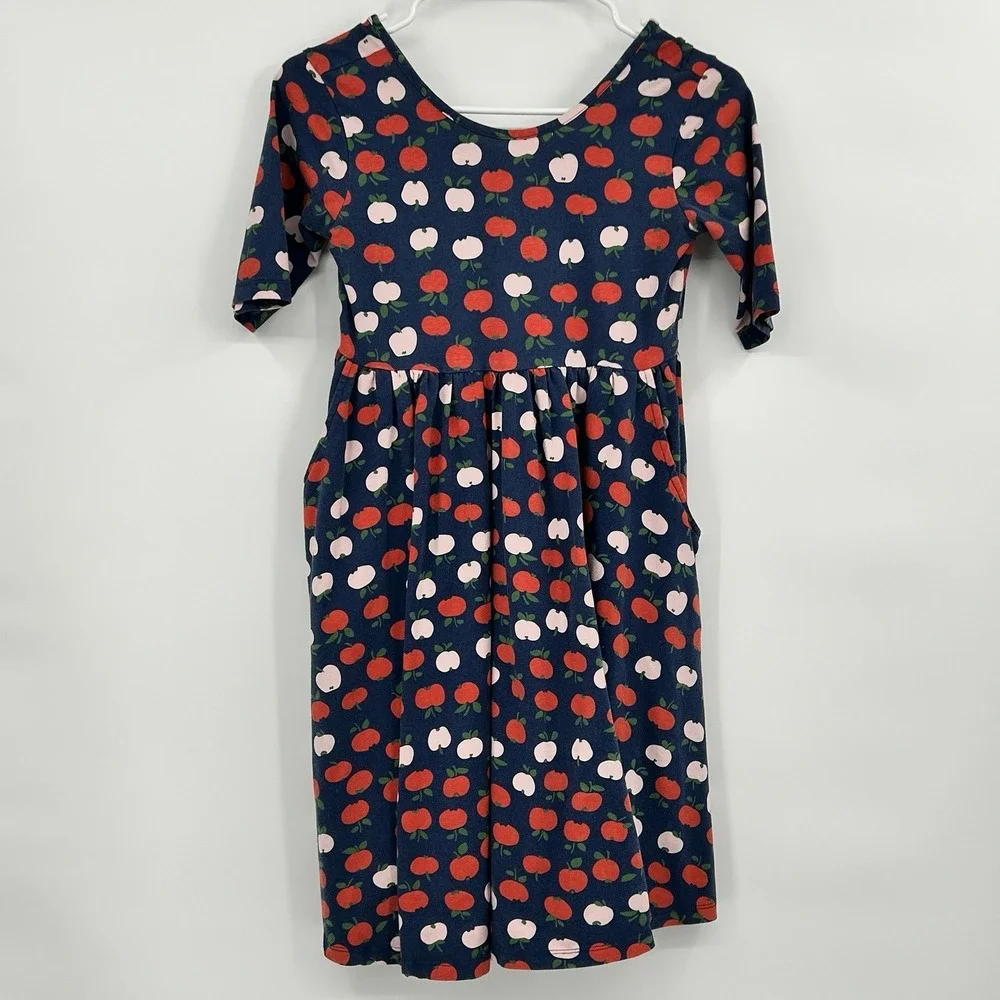 Hanna Andersson Twill Apple Print Skater Dress Size 12 150 cm Pockets Navy BLue